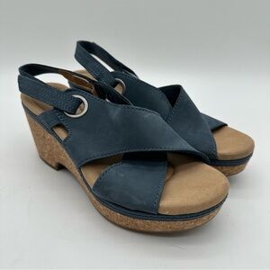 Clarks Giselle Navy Leather Wedge Sandals